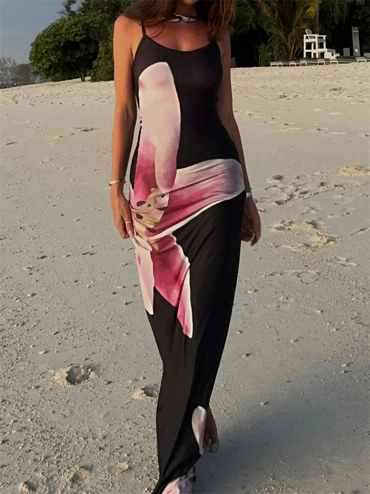 Contrast Spaghetti Slim Maxi Dress Female Printed Off-shoulder Holiday Beach Dress Patchwork Summer Party Dress