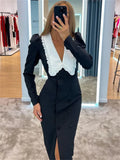 Autumn Maxi Dress Female Patchwork V-neck Contrast Slim High Split Party Dress Gown Dress