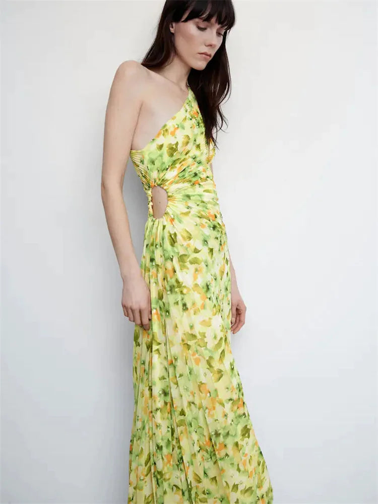 Female Dress Gown Pleated One-shoulder Sleeveless Summer Party Dress Slim for Maxi Dress