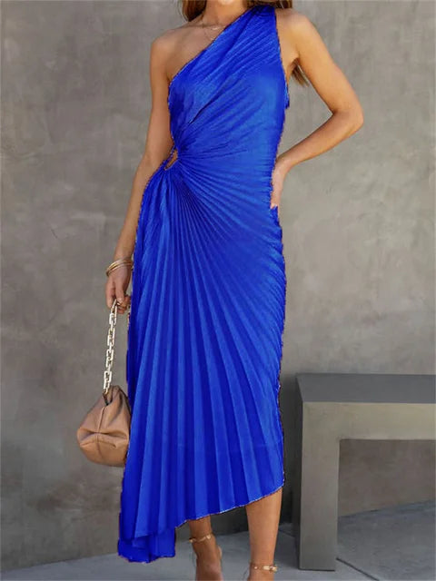 Female Dress Gown Pleated One-shoulder Sleeveless Summer Party Dress Slim for Maxi Dress