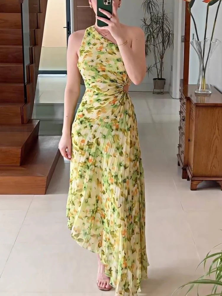 Female Dress Gown Pleated One-shoulder Sleeveless Summer Party Dress Slim for Maxi Dress