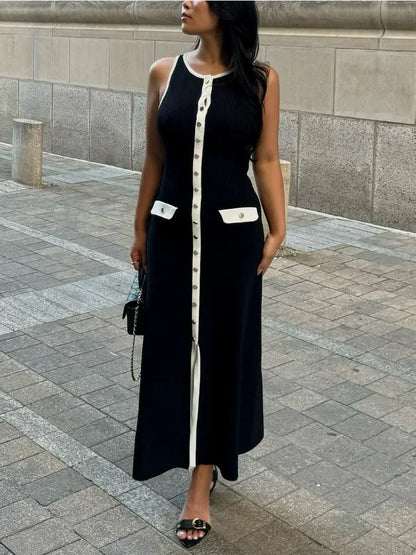 Knit Ribbed Long Dress for Slim Sleeveless Patchwork High Waist Pocket Dress ’s Maxi Dress