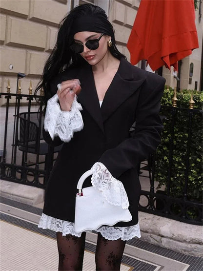 Lace Mini Dress ’s Suit V-neck Patchwork Long Sleeve Commute Y2k Party Dress Female Autumn Dress