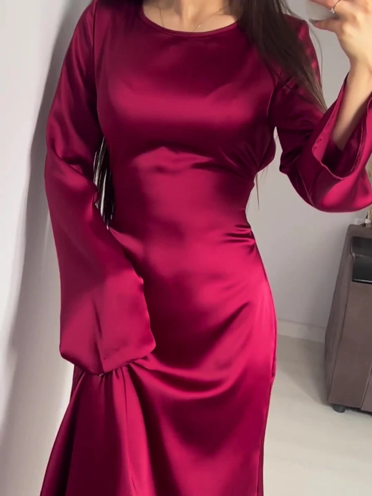 Satin High Waist Maxi Dress Bell Sleeve Lace Up Slim Banquet Mermaid Bodycon Dresses Throbbing in Autumn