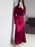 Satin High Waist Maxi Dress Bell Sleeve Lace Up Slim Banquet Mermaid Bodycon Dresses Throbbing in Autumn