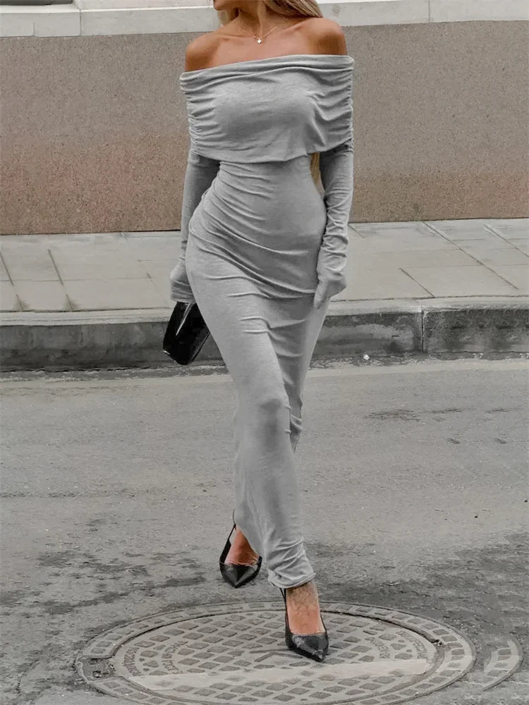 Autumn Knit Long Dress ’s Off-shoulder Patchwork Ribbed High Waist Slim Dress Knitwear Dress