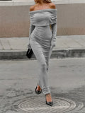 Autumn Knit Long Dress ’s Off-shoulder Patchwork Ribbed High Waist Slim Dress Knitwear Dress