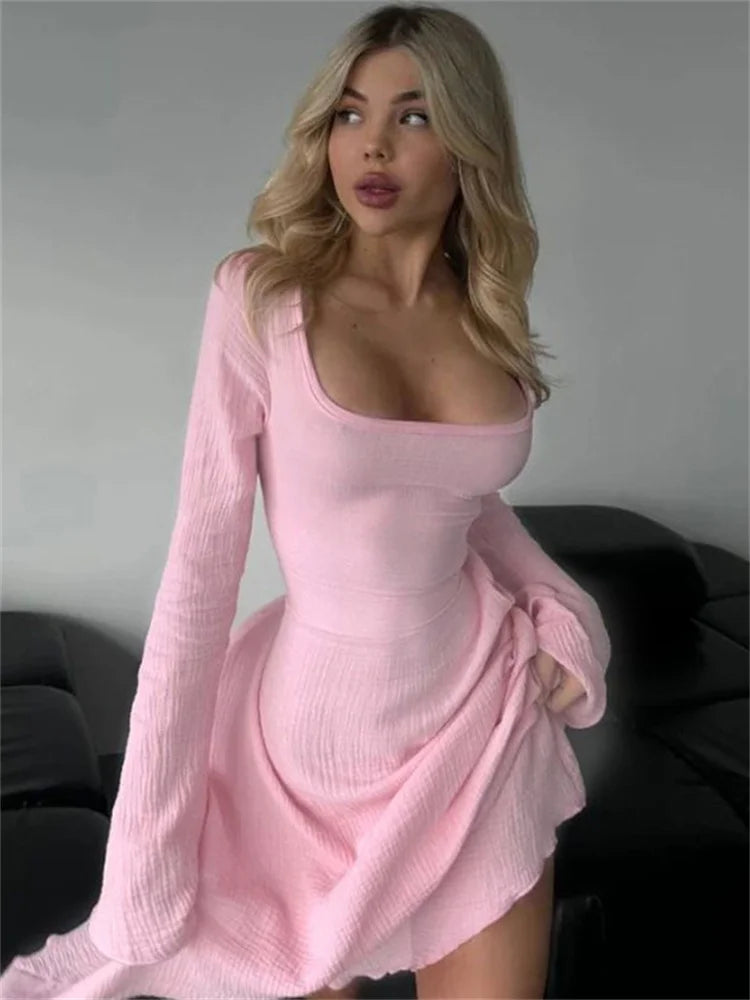 Bandage for Maxi Dress Slim Long Sleeve Square Collar Patchwork Autumn Dress Female Lace-up Dress