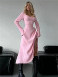 Bandage for Maxi Dress Slim Long Sleeve Square Collar Patchwork Autumn Dress Female Lace-up Dress