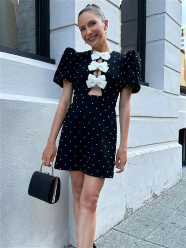 Bow Love Mini Dress Hollow Out Patchwork Short Sleeve Party Dress Female High Street Dress