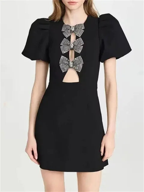 Bow Love Mini Dress Hollow Out Patchwork Short Sleeve Party Dress Female High Street Dress