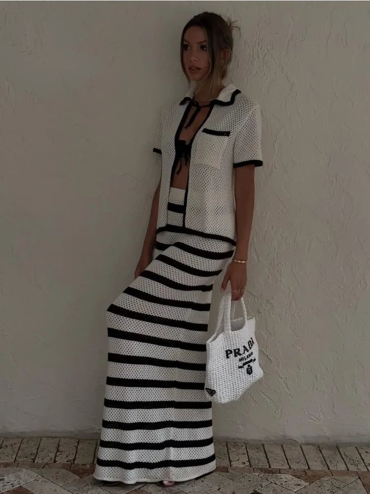 Contrast Knit 2 Piece-set Lace-up Short Sleeve Cardigan Top and Long Skirt Sets High Waist Knitwear Outfits