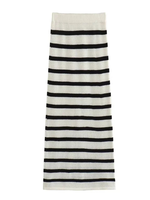 Contrast Knit 2 Piece-set Lace-up Short Sleeve Cardigan Top and Long Skirt Sets High Waist Knitwear Outfits