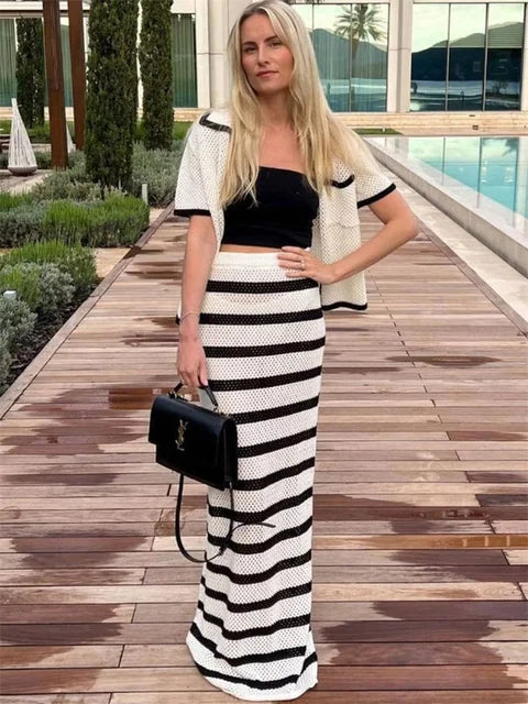 Contrast Knit 2 Piece-set Lace-up Short Sleeve Cardigan Top and Long Skirt Sets High Waist Knitwear Outfits