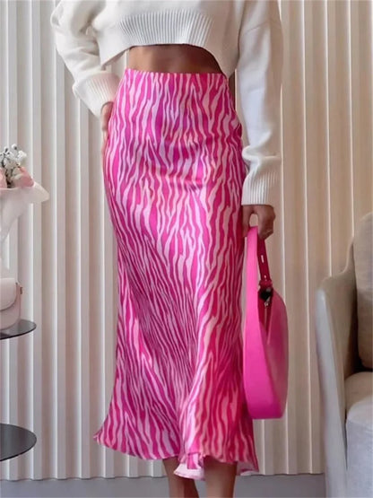 For Y2k Skirt Printed Striped Contrast Midi Skirt Female Summer Slim Long Skirt