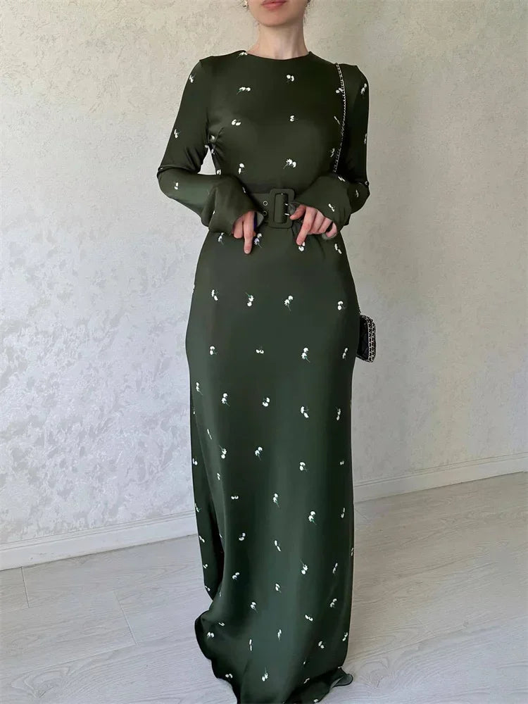 High Waist Long Dress Long Sleeve Slim Ruffled Patchwork Party Dress Printed Maxi Dress