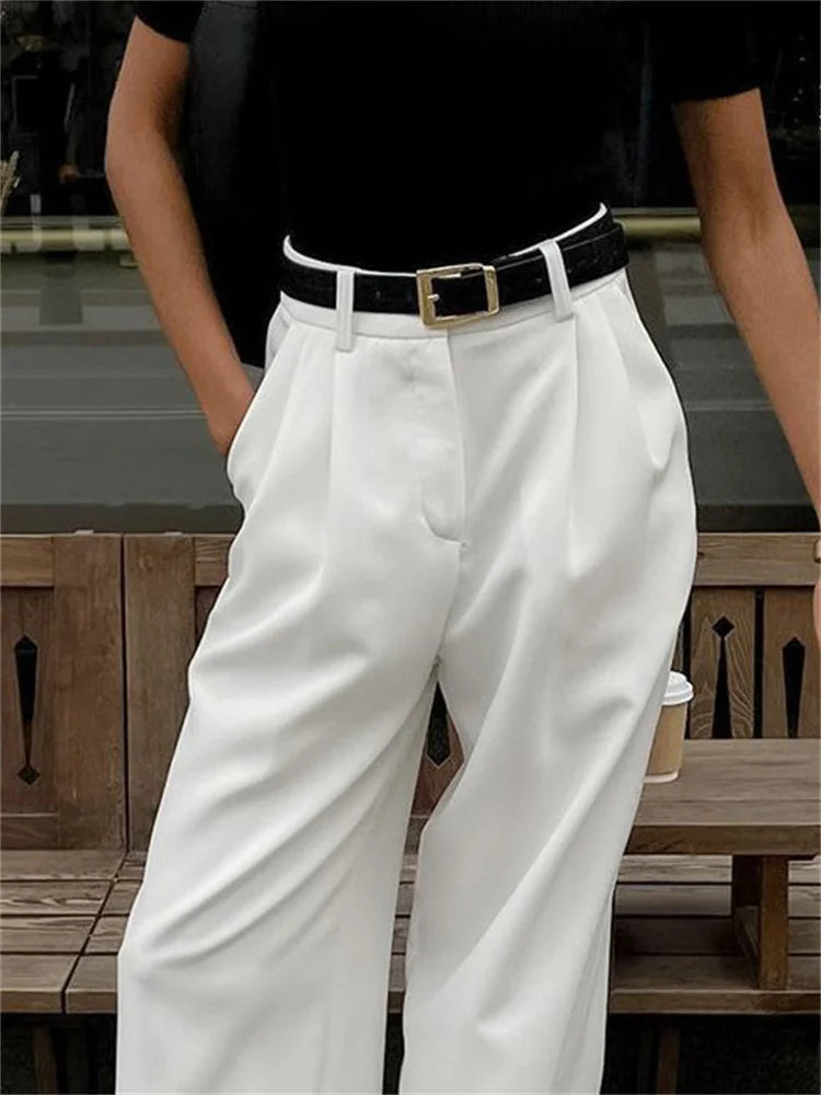 High Waist Pocket ’s Pants Y2k Outfit White Patchwork Wide Leg Trousers Autumn Loose Slim Female Pants
