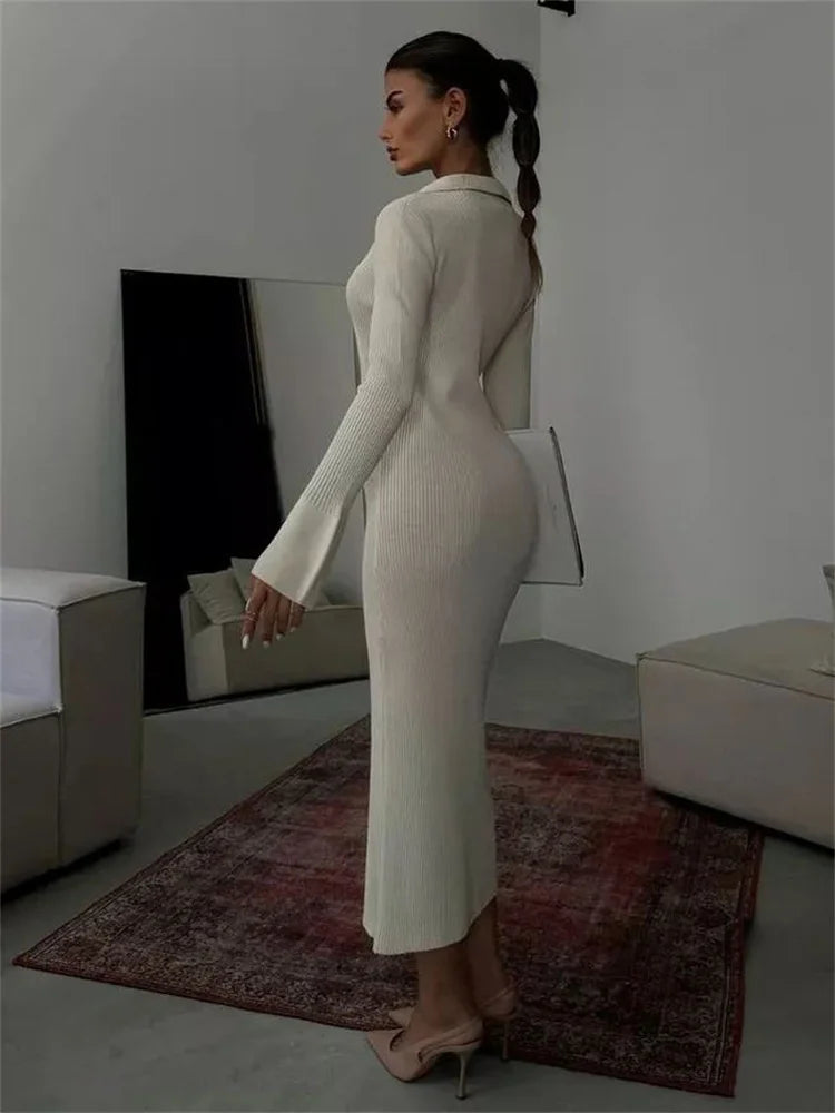 Knit Long Dress for Ribbed High Waist Patchwork Slim Long Sleeve Lapel Autumn Dress Knitwear Party Dress New
