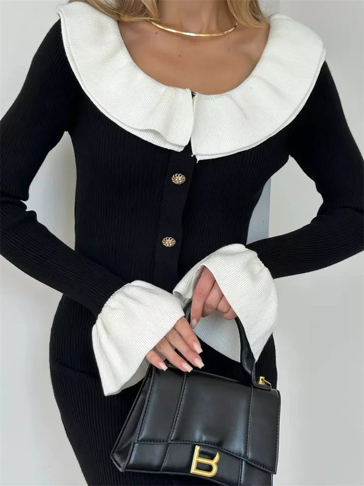 Knit Patchwork Long Dress ’s Ruffled Slim Contrast Ribbed Party Dress Knitwear Autumn Maxi Dress New