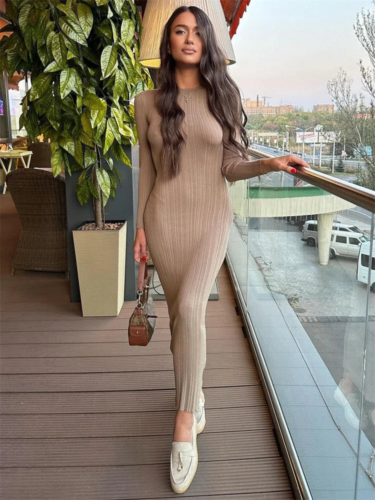 Knit Ribbed Maxi Dress High Waist Long Sleeve Patchwork Slim Party Dress Autumn Knitwear Dress