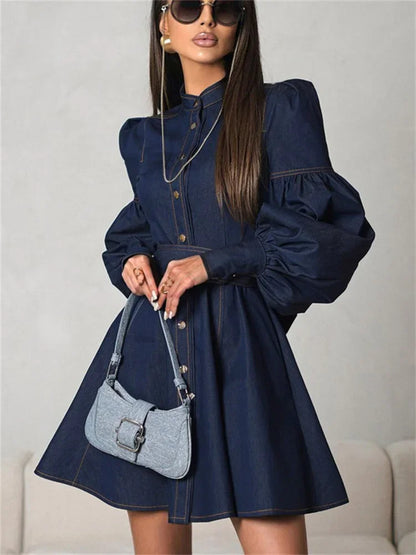 Lace-up Denim Mini Dress for Patchwork High Waist Bandage Jean Female Slim Dress Autumn
