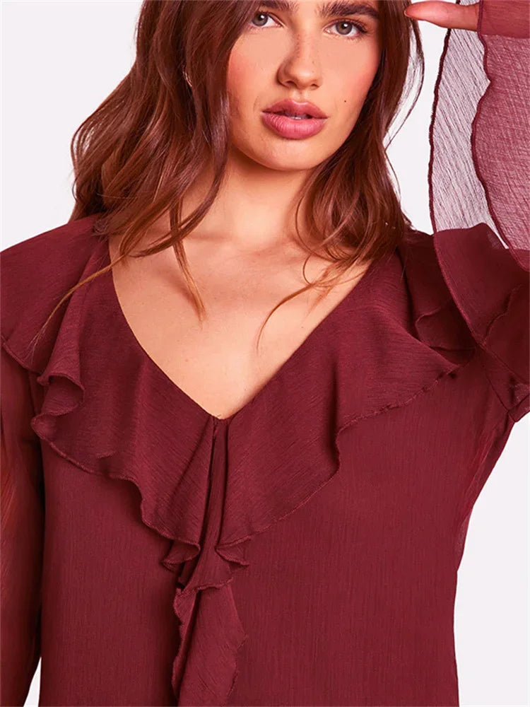 Mesh Ruffled Long Dress ’s V-neck Loose High Waist Patchwork Party Dress Female Autumn Maxi Dress New
