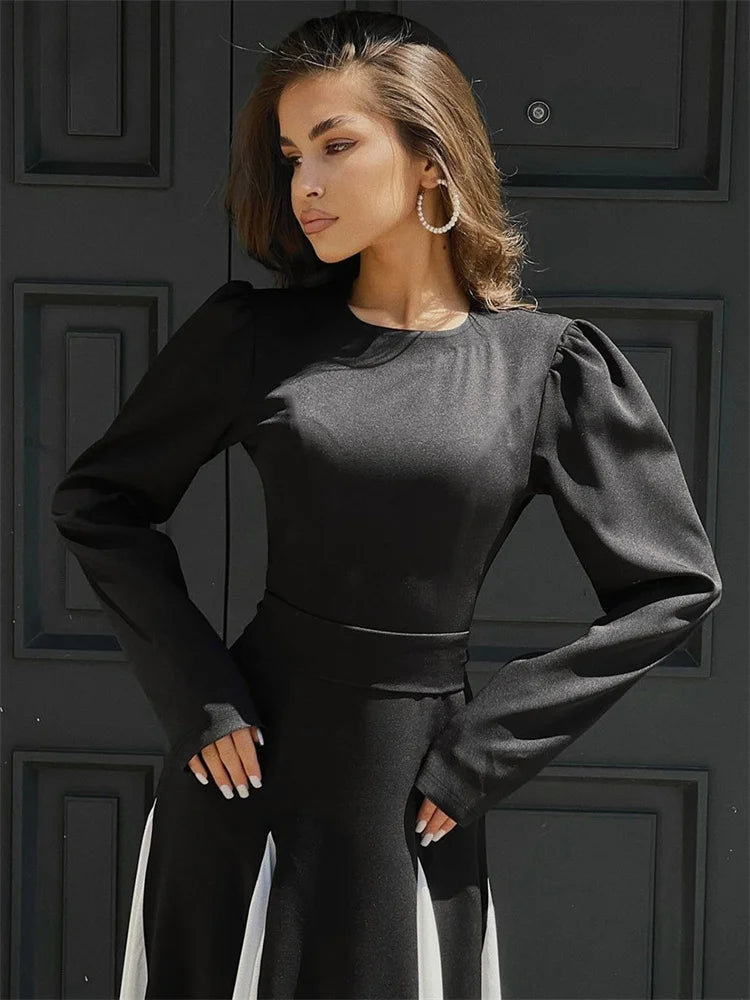 Patchwork Contrast Dress Female Lace-up Party Dress Slim High Waist Bandage Gown ’s Maxi Dress