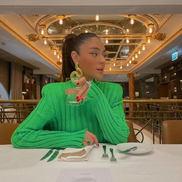 Ribbed ’s Turtleneck Sweater Green Long Sleeve Shrugs Knitwear Jumper Female Knitted Tops Autumn Winter