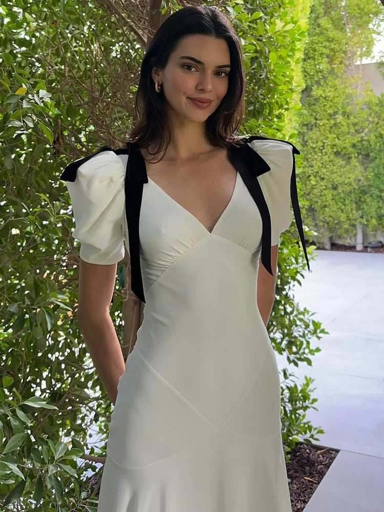 Tee Bow Lace-up Long Dress for High Waist Short Sleeve Slim Party Dress Bandage Maxi Dress