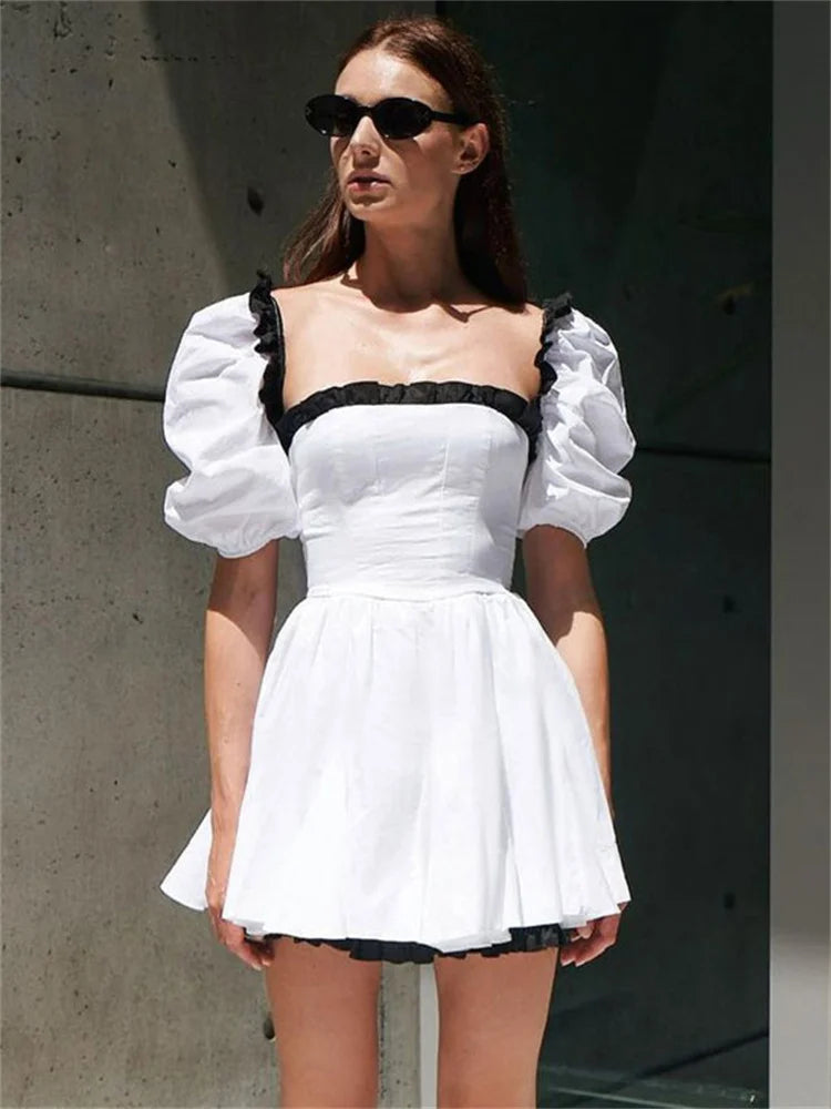 Female Contrast Patchwork Mini Dress Short Sleeve Slim High Street Holiday Dress Party Gown Ruffled Dress