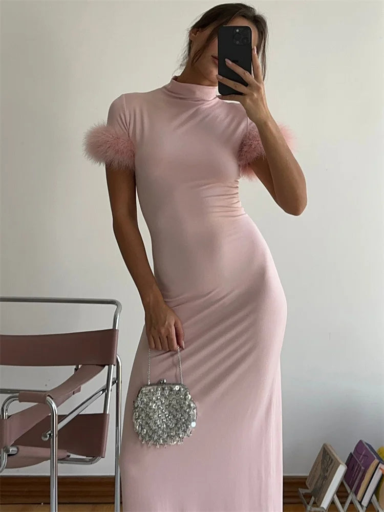 Female Fur Feather Maxi Dress Short Sleeve Autumn High Waist Slim Bodycon Dress Patchwork Long Dress