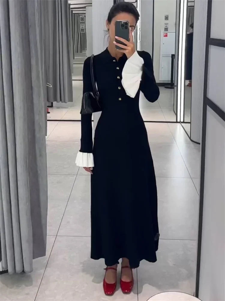 Female Ruffled Knitwear Long Dress Patchwork Slim Contrast Lapel Party Dress Gown ’s Knit Maxi Dress