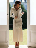 Female Slim Knit Maxi Dress Patchwork Lapel Contrast Dress High Waist Knitwear Party Dress Autumn Outfit