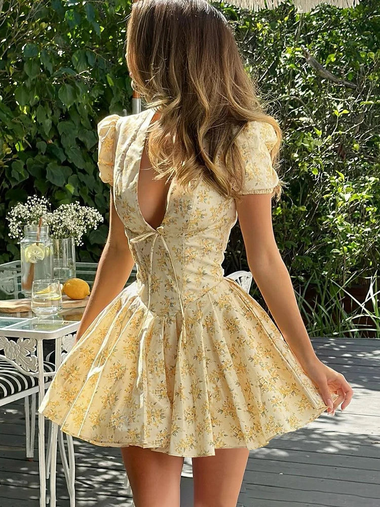 Flower Print Deep V Neck Folds Mini Dress for Patchwork French Sweet Short Sleeve Female Party Short Princess Dress