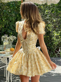 Flower Print Deep V Neck Folds Mini Dress for Patchwork French Sweet Short Sleeve Female Party Short Princess Dress