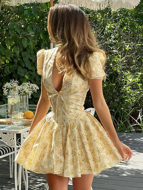 Flower Print Deep V Neck Folds Mini Dress for Patchwork French Sweet Short Sleeve Female Party Short Princess Dress