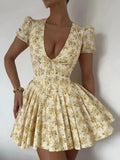 Flower Print Deep V Neck Folds Mini Dress for Patchwork French Sweet Short Sleeve Female Party Short Princess Dress