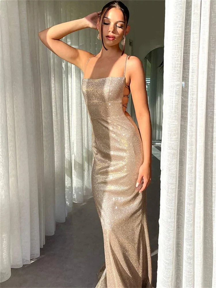 Glitter Backless Long Dress ’s Bandage Autumn Slim Sparkle Lace-up Dress Party Dress