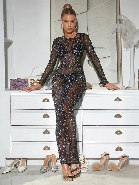 Glitter Female Cover Up Maxi Dress Mesh See-through Split Long Sleeve Slim Beach Cover Up Dress for New
