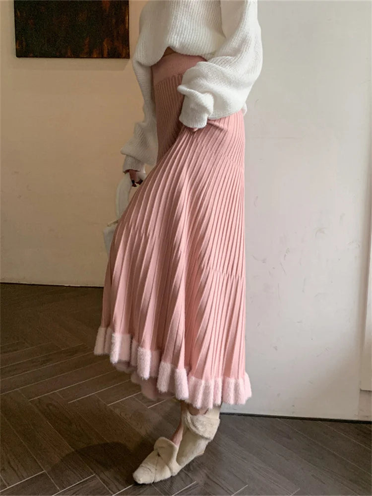 High Waist Ruffled Pleated Skirts Autumn Long Skirt Loose Pleated Ribbed Maxi Skirt