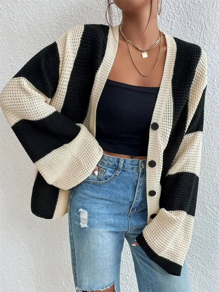 Hollow Out Contrast Cardigan Sweater Knitwear Loose Long Sleeve High Street Outwear Patchwork Female Coat