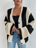 Hollow Out Contrast Cardigan Sweater Knitwear Loose Long Sleeve High Street Outwear Patchwork Female Coat