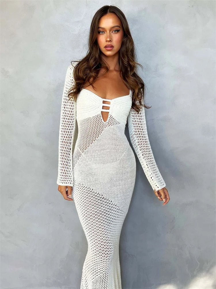 Hollow Out Knit See-through Maxi Dress Female Patchwork Backless Lace-up Slim Beach Holiday Knitwear Dress