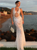 Hollow Out Lace Long Dress for See-through Sleeveless Backless Printed Party Dress Summer Maxi Dress