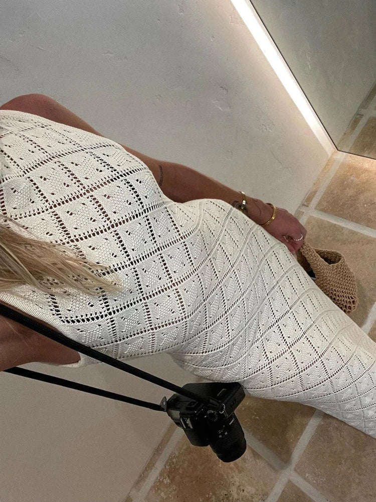 Hollow Out Sleeveless Maxi Dress High Split Beach Holiday Mesh Dress Patchwork Knitwear Autumn Dress