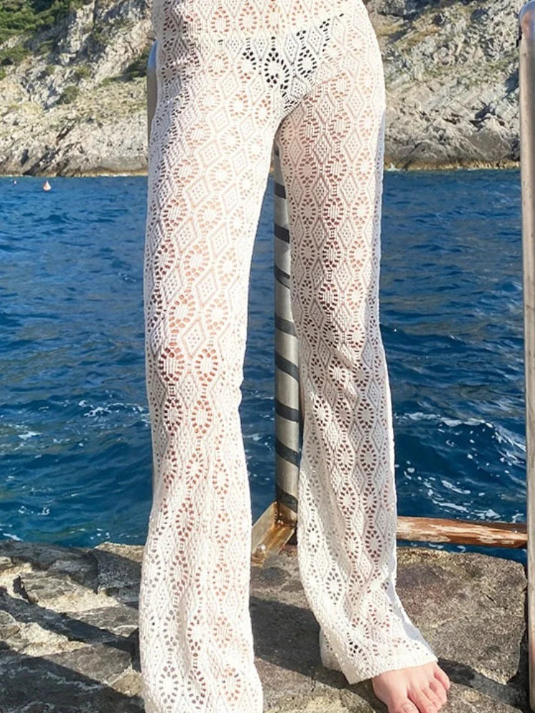 Hollow Out White High Waist ’s Pants Printed See-through Beach Holiday Straight Trousers Y2k Pants