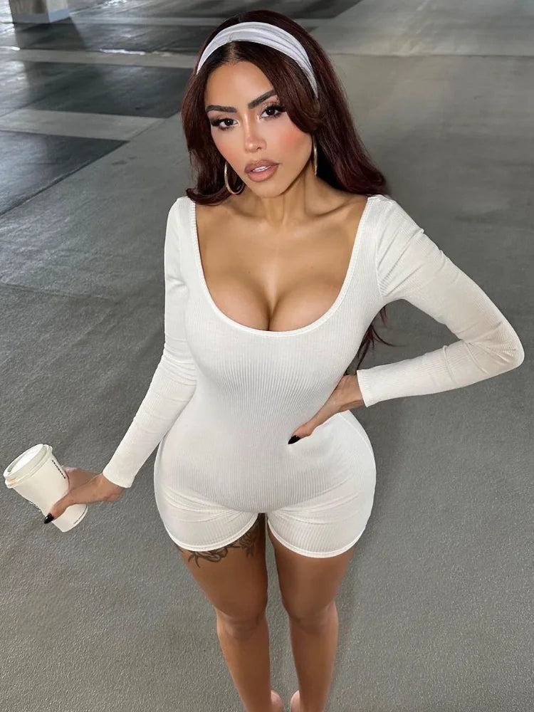 Hot Slim White Rompers for Skinny Short Jumpsuit Fitness Backless Ribbed Playsuit Tracksuit