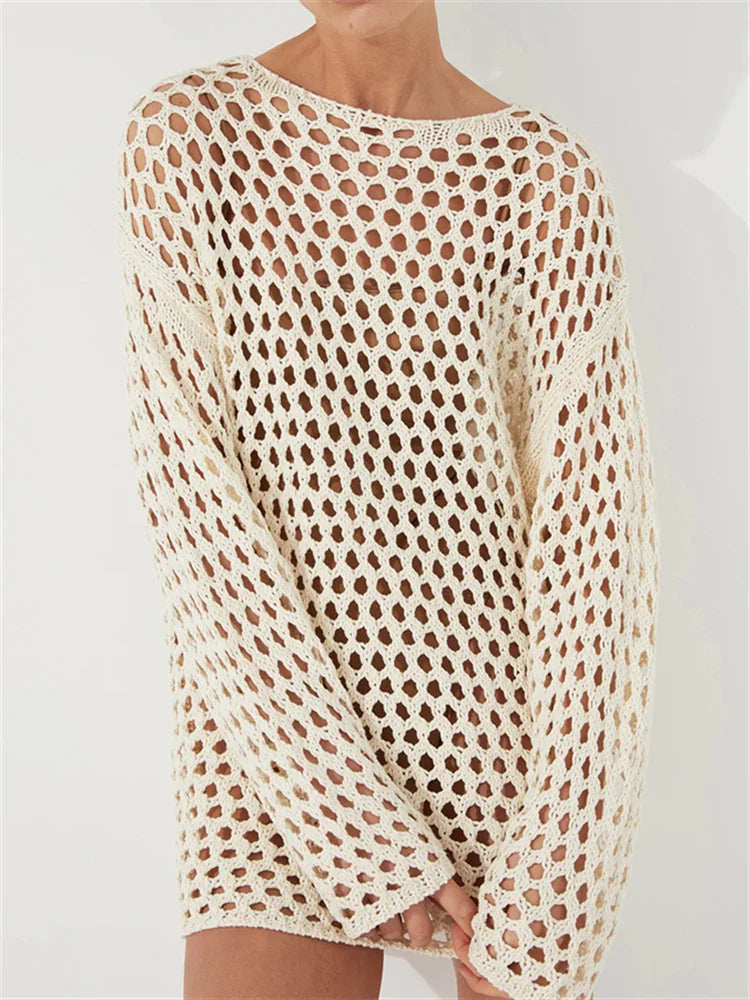 Knit Hollow Out Cover Up Mini Dress for See-through Loose Beach Holiday Clothes Summer Patchwork Knitwear Cover Up