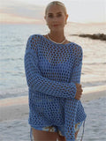 Knit Hollow Out Cover Up Mini Dress for See-through Loose Beach Holiday Clothes Summer Patchwork Knitwear Cover Up