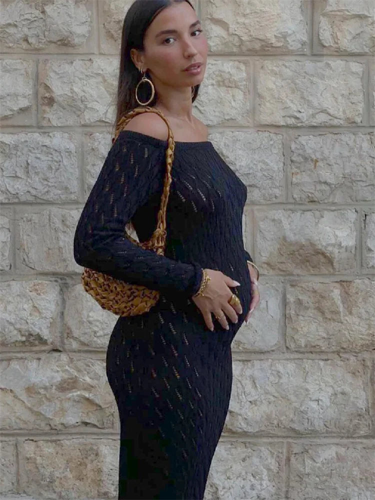 Knit Off-shoulder Maxi Dress – Patchwork Hollow Out Knitwear Dress